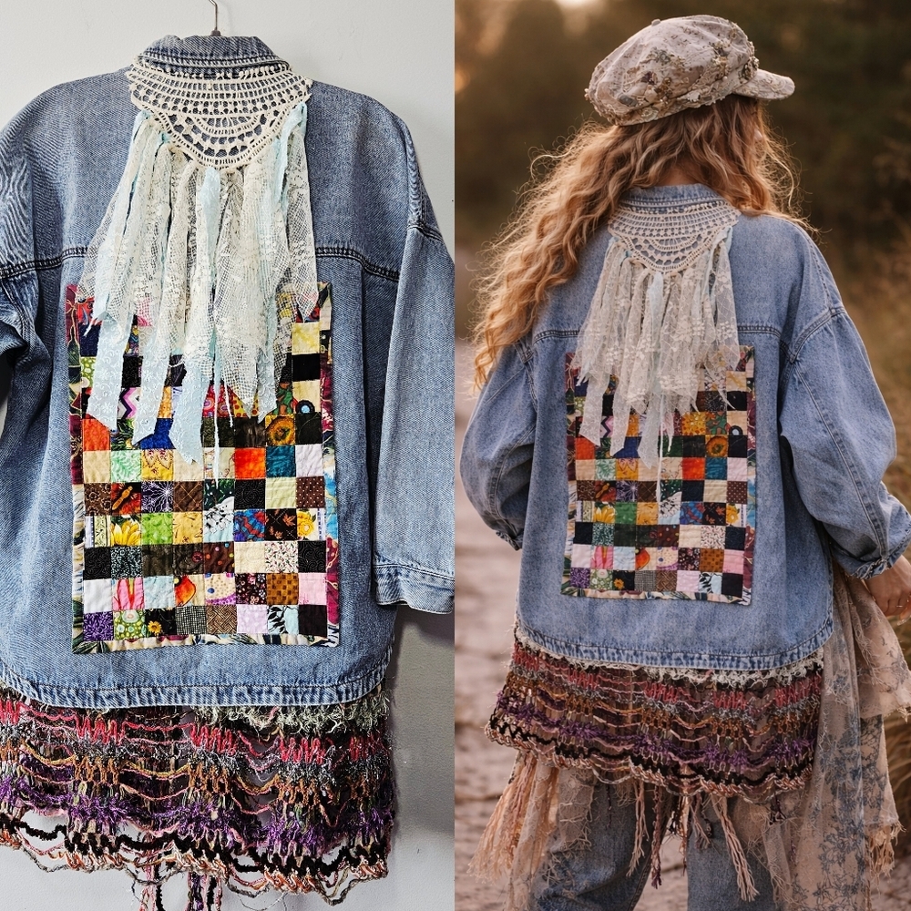 Patchwork Back Panel Light Blue Denim Jacket with Fringe and Lace Yoke